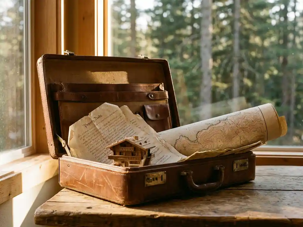 Versleten leren aktetas op rustieke houten tafel met eigendomsakten, topografische kustkaart en miniatuur chalet in gouden middaglicht.