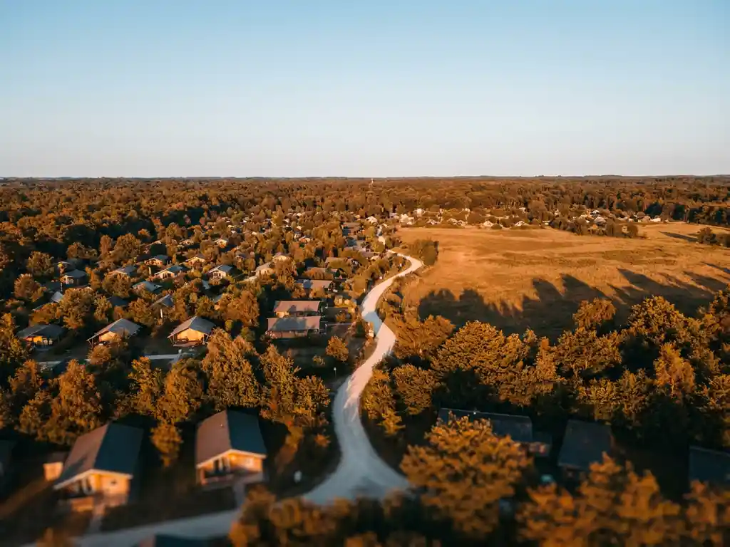 Luchtfoto van een Nederlands vakantiepark met chalets en glamping tenten tussen weelderig groen bos, gouden uurtje belichting.