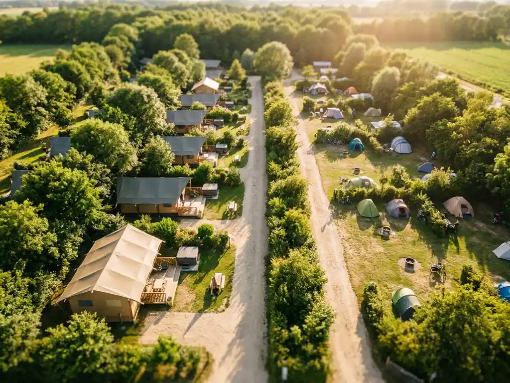 Luchtfoto van luxe glamping-percelen naast traditionele tentplaatsen op een verzorgd Zeeuws vakantiepark in gouden middaglicht.