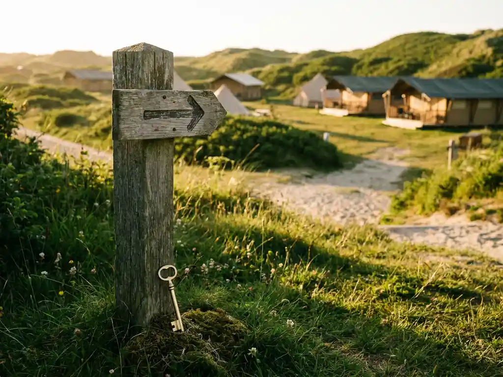 Verouderd houten wegwijzer naar een luxe glamping resort aan de Nederlandse kust, met gouden-uur licht over groene weilanden en een messing sleutel aan de voet.