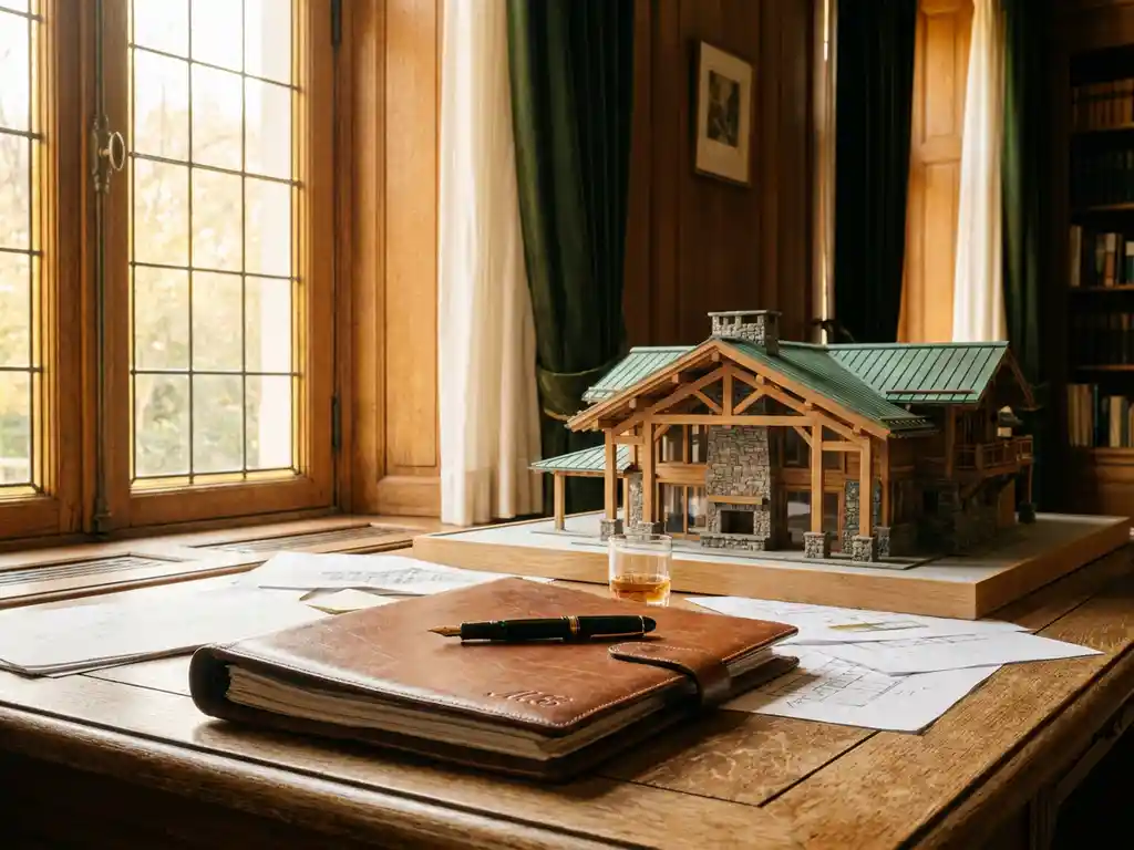 Leren financiële portfolio en vulpen op eikenhouten bureau naast schaalmodel van luxe resort chalet, warm middaglicht.