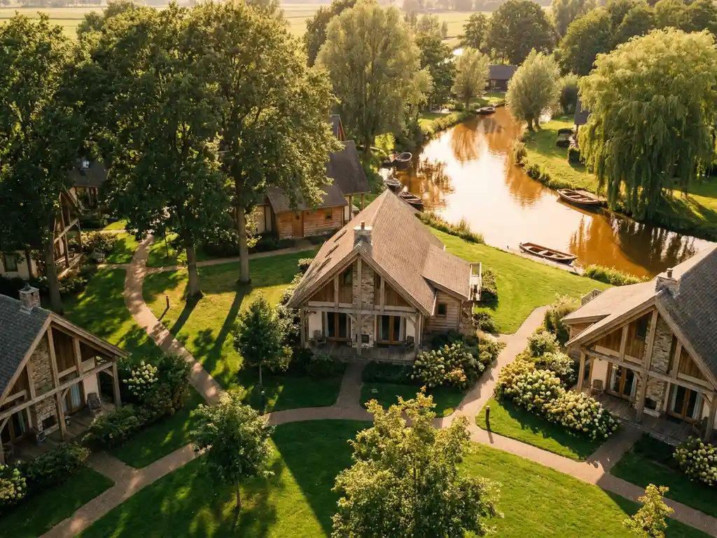 Luxe vakantiehuisjes omgeven door weelderig groen in het Nederlandse landschap, gefotografeerd vanuit lage luchthoek tijdens het gouden uur.