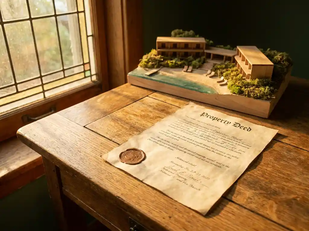 Genotarialiseerde eigendomsakte op een eikenhouten bureau naast een architectuurmodel van een recreatieresort, gouden Nederlands kustlicht.
