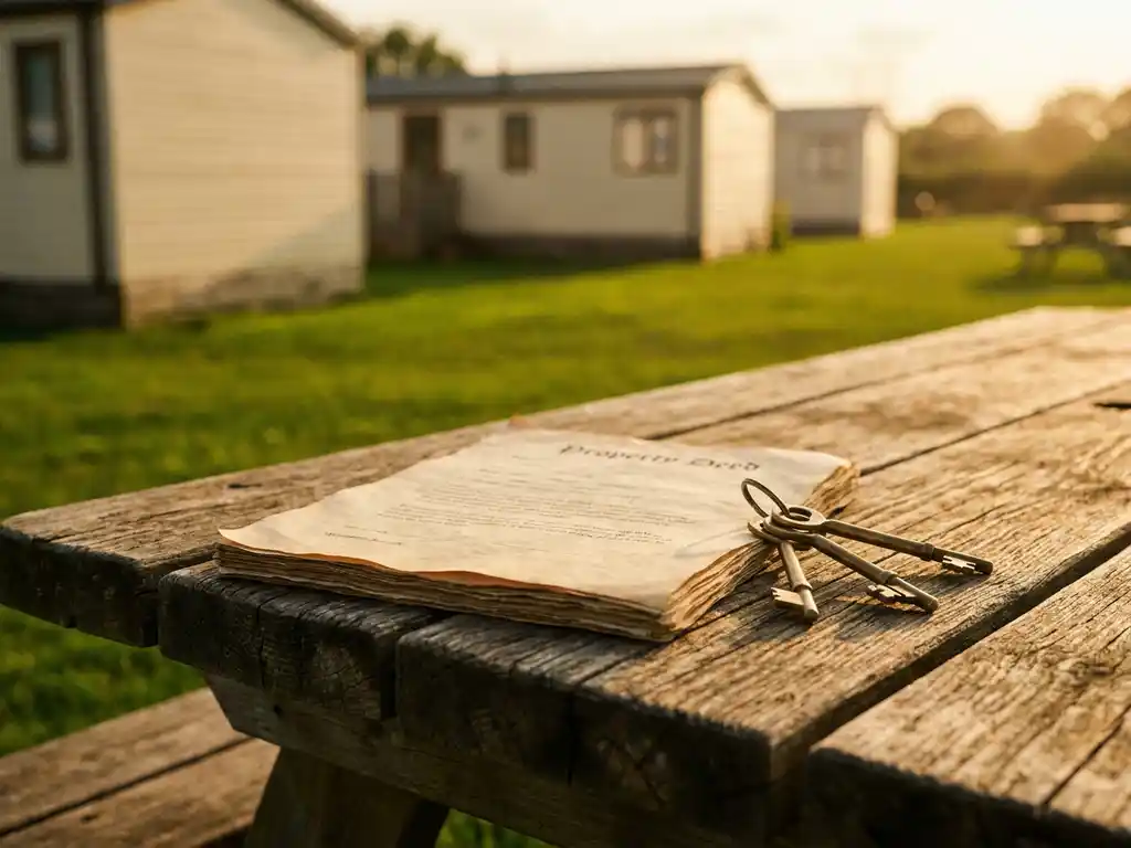 Verwerkte houten tafel met notariële koopakte en sleutels op een Nederlandse camping, witte chalets en groen gras op de achtergrond.