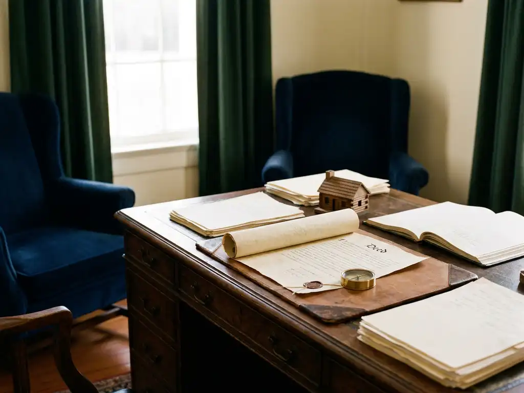 Notarieel houten bureau met opgerolde eigendomsakte, messing kompas en miniatuur houten huisje tussen juridische documenten in warm natuurlijk licht.