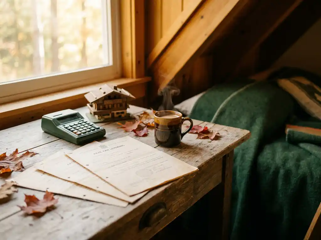 Versleten houten bureau met Nederlandse eigendomsoverdrachtsakte, miniatuur chalet en rekenmachine, omringd door herfstbladeren en dampende koffie.