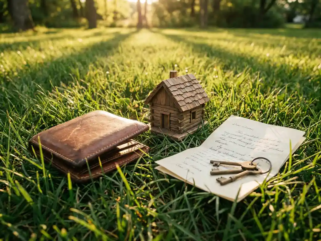 Open leren portemonnee naast een miniatuur houten hut op groen gras, met gevouwen bankdocument en sleutels in warm middagzonlicht.