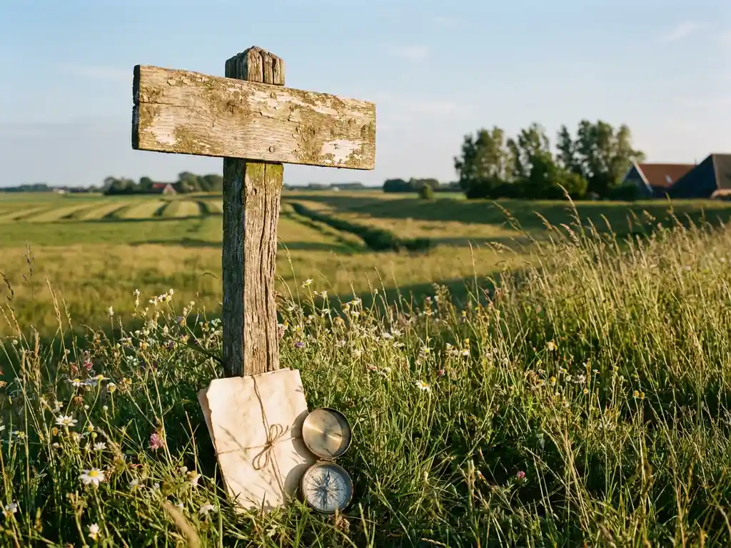 Verweerde houten wegwijzer in weelderig groen weiland met gevouwen gronddocument en vintage kompas, Nederlands landschap op de achtergrond.