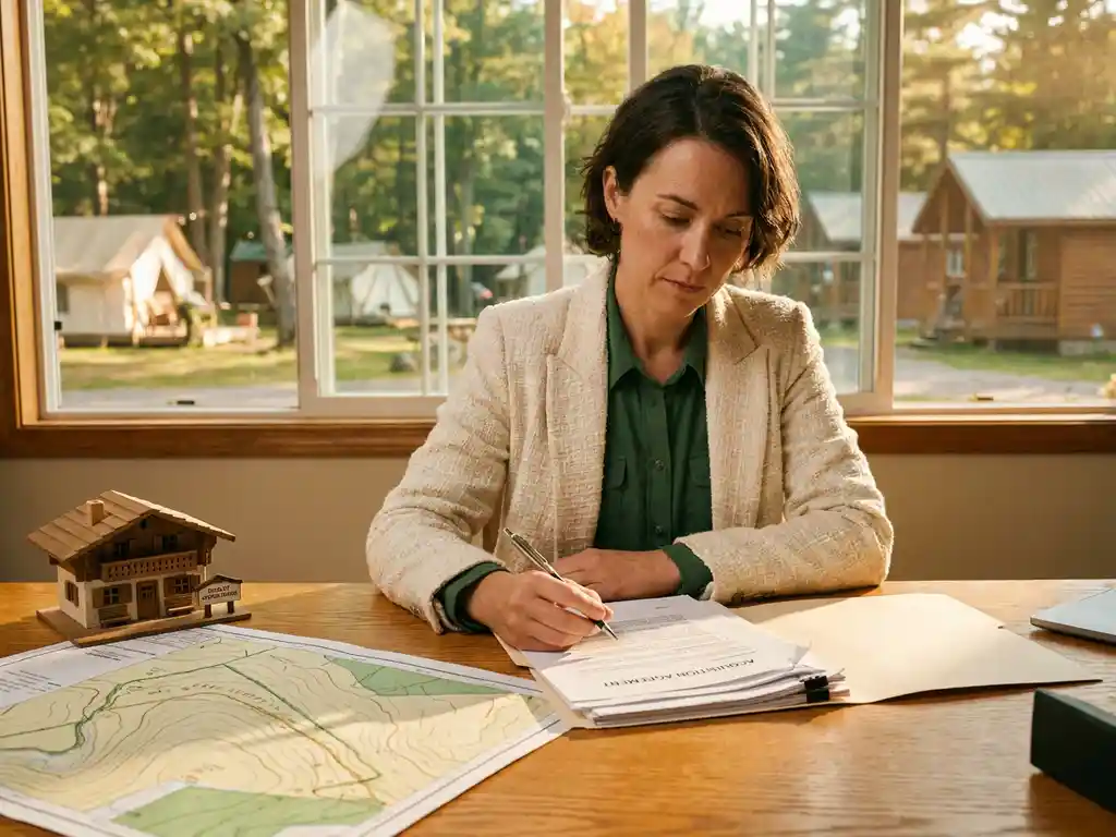 Ondernemer in blazer bestudeert acquisitiecontract voor recreatiepark aan eikenhouten bureau, met chaletmodel en landkaart, groen kampeerterrein op achtergrond.