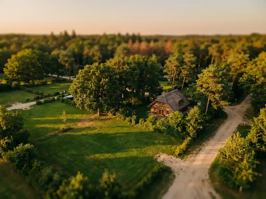 Luchtfoto van groene recreatiepercelen met een Nederlands vakantiechalets omgeven door volwassen bomen in warm gouduur licht.