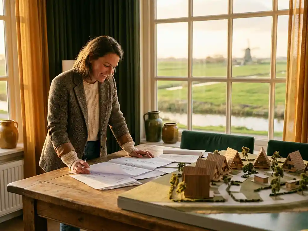 Ondernemer bekijkt vastgoeddocumenten aan houten tafel met miniatuur recreatiepark en Nederlands landschap op achtergrond.