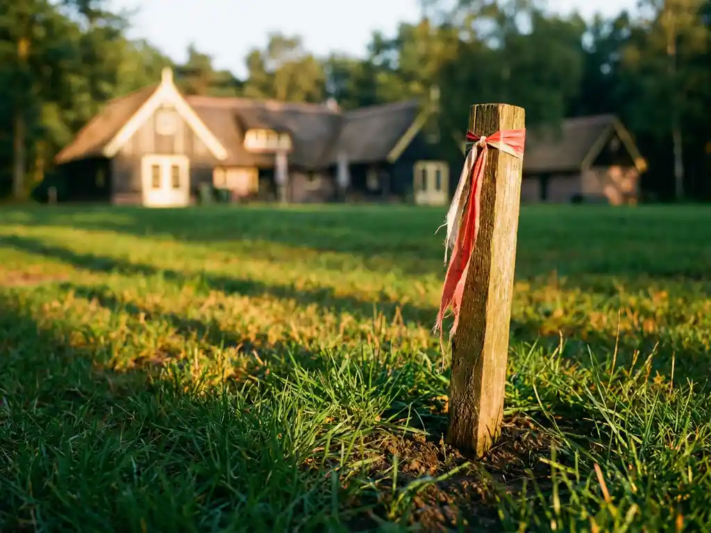 Verwerkte houten paal met landmeetlint markeert een groen weiland bij een Nederlands recreatiepark in warm avondlicht.