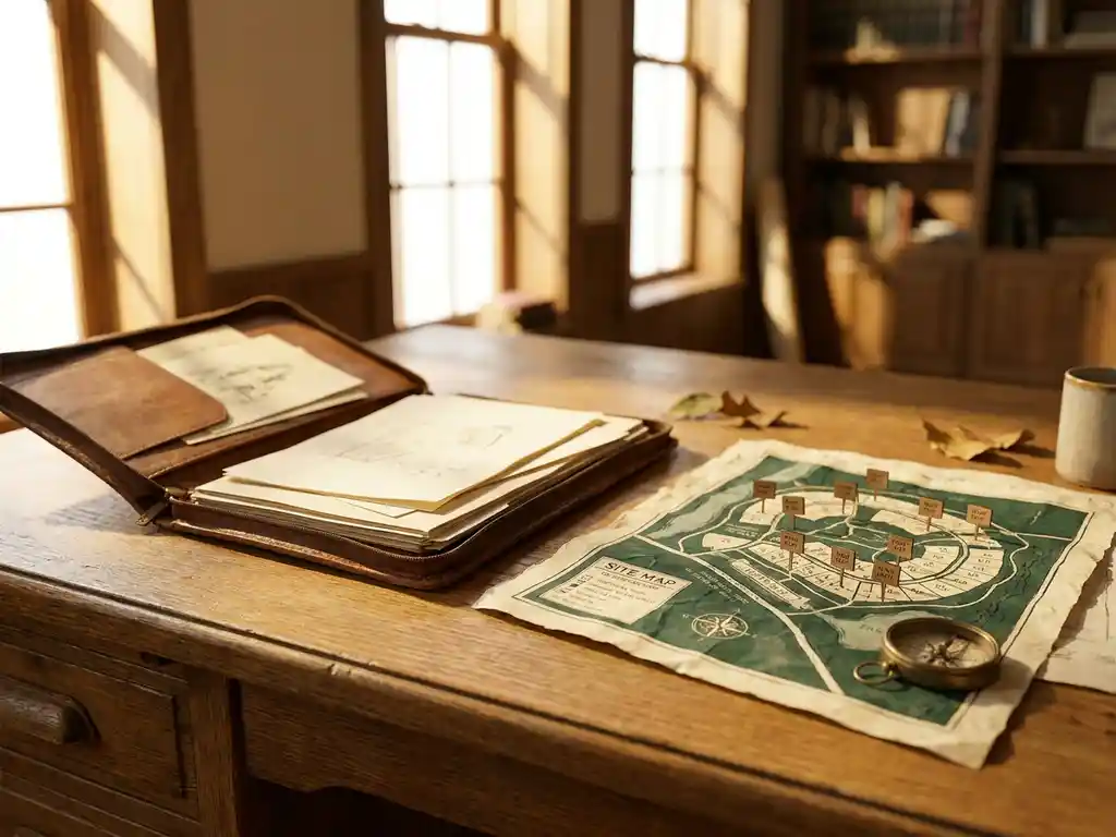 Open leren portfolio op eikenhouten bureau met plattegrond van vakantieresort, perceelmarkeringen en vintage kompas in warm middaglicht.