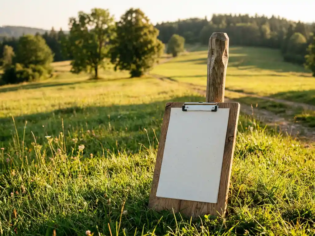 Verouderd houten klembord met checklist op zonnig gras naast een houten grenspaal, met een groen recreatieterrein op de achtergrond.