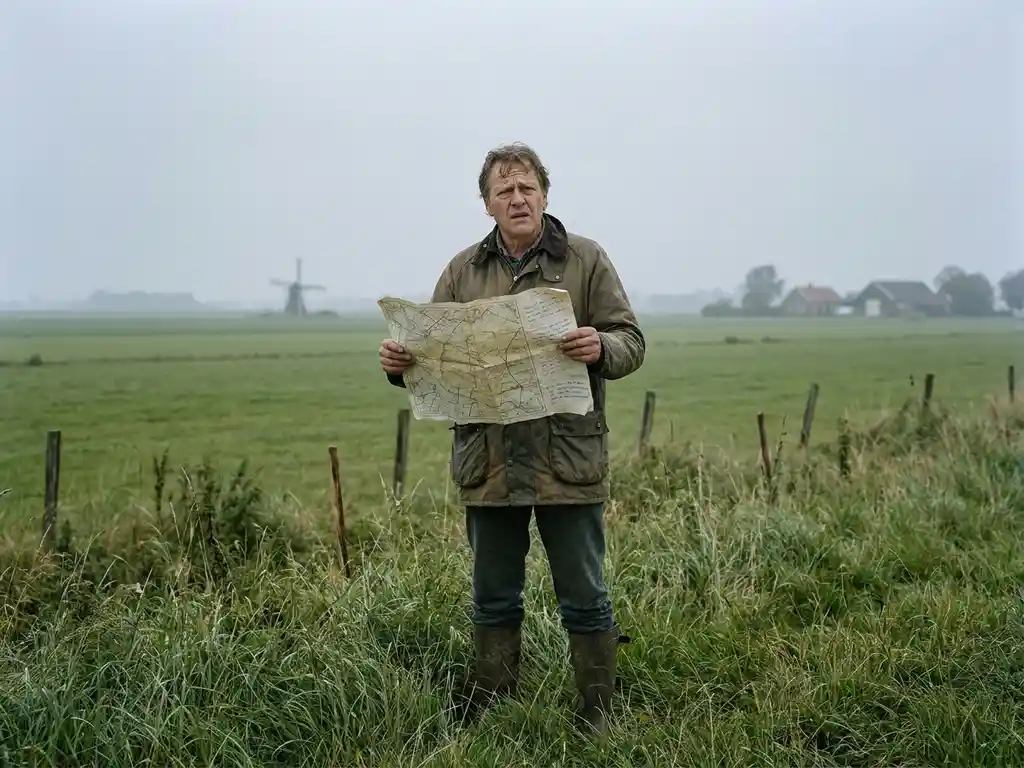 Verwarrde koper bestudeert kadasterdocument op onbebouwd recreatieperceel met overwoekerde grenspalen in mistig Nederlands landschap.