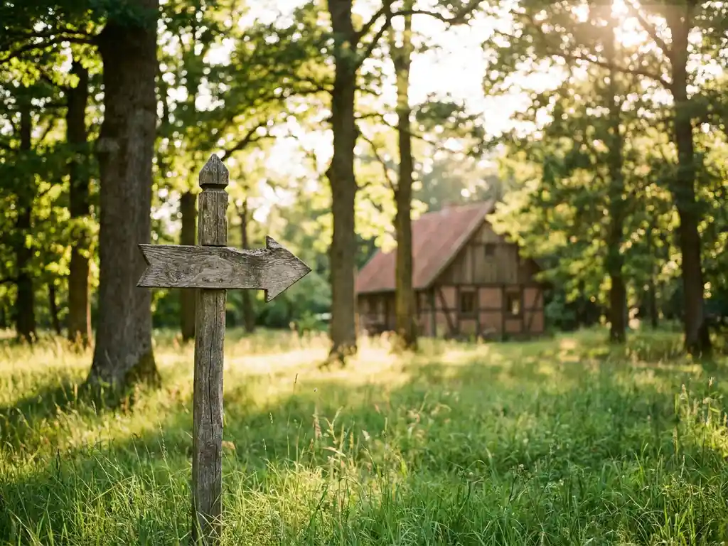 Verweerde houten wegwijzer naar een groene Nederlandse recreatiegrond, met eiken, gouden middaglicht en een chalet op de achtergrond.