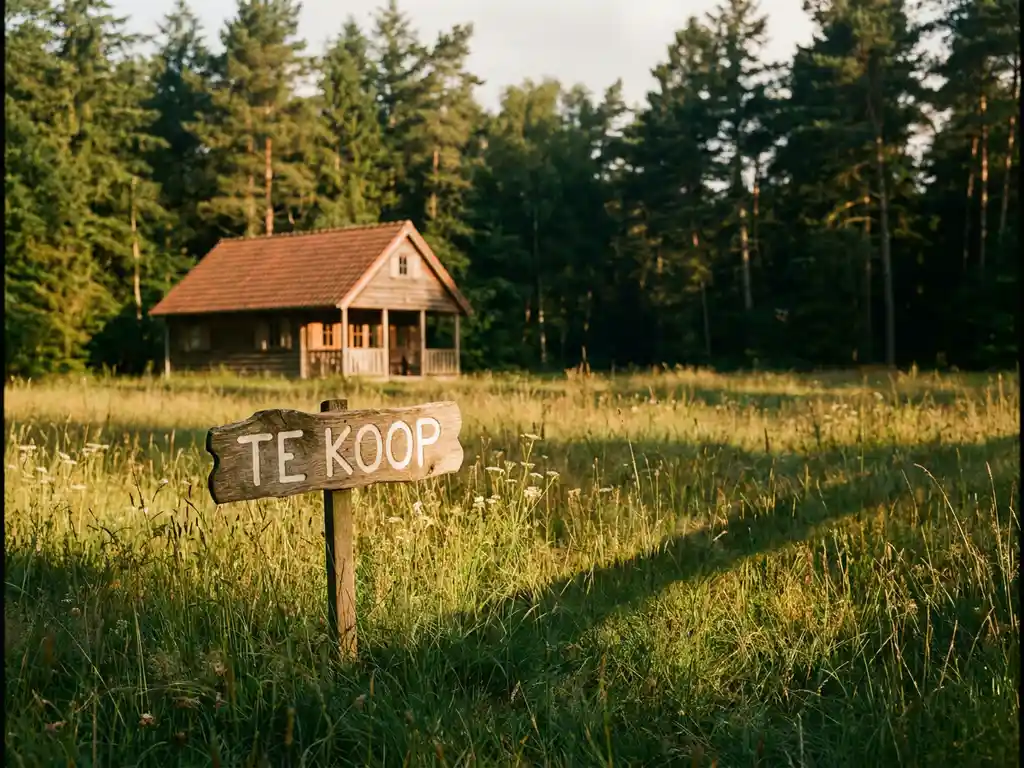 Houten "Te Koop"-bord in groen gras bij een recreatiepark, met een vakantiechaletje tussen dennenbomen op de achtergrond.