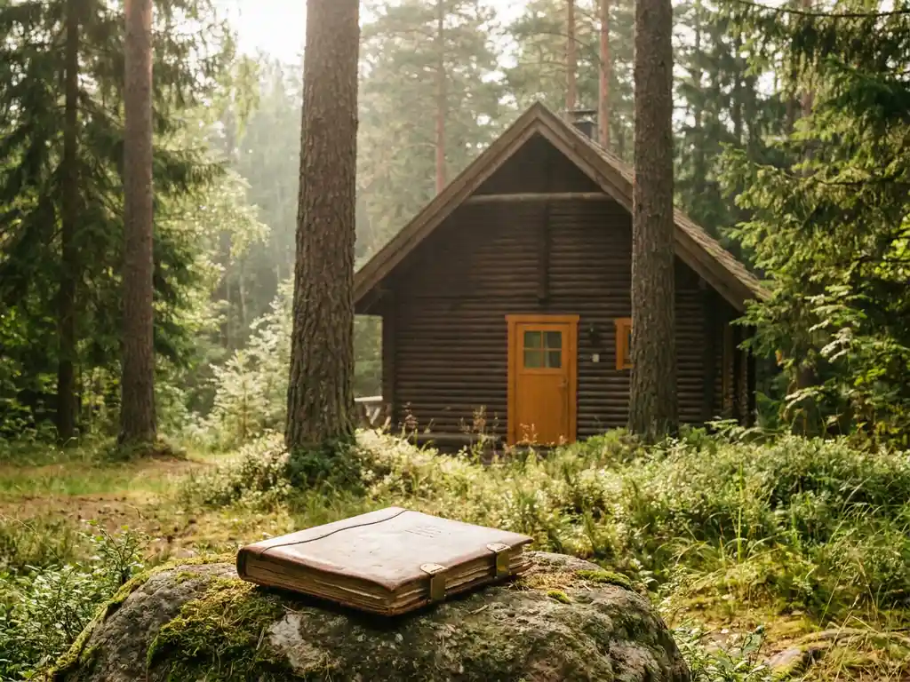 Houten vakantiechalets tussen hoge dennenbomen op een groen recreatiepark, met een leren eigendomsakte op een bemoste steen op de voorgrond.