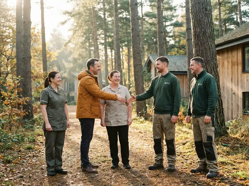 Resortmanager begroet huishoudelijk personeel en tuinlieden op een zonnig bospad, luxe houten chalets zichtbaar tussen dennenbomen.