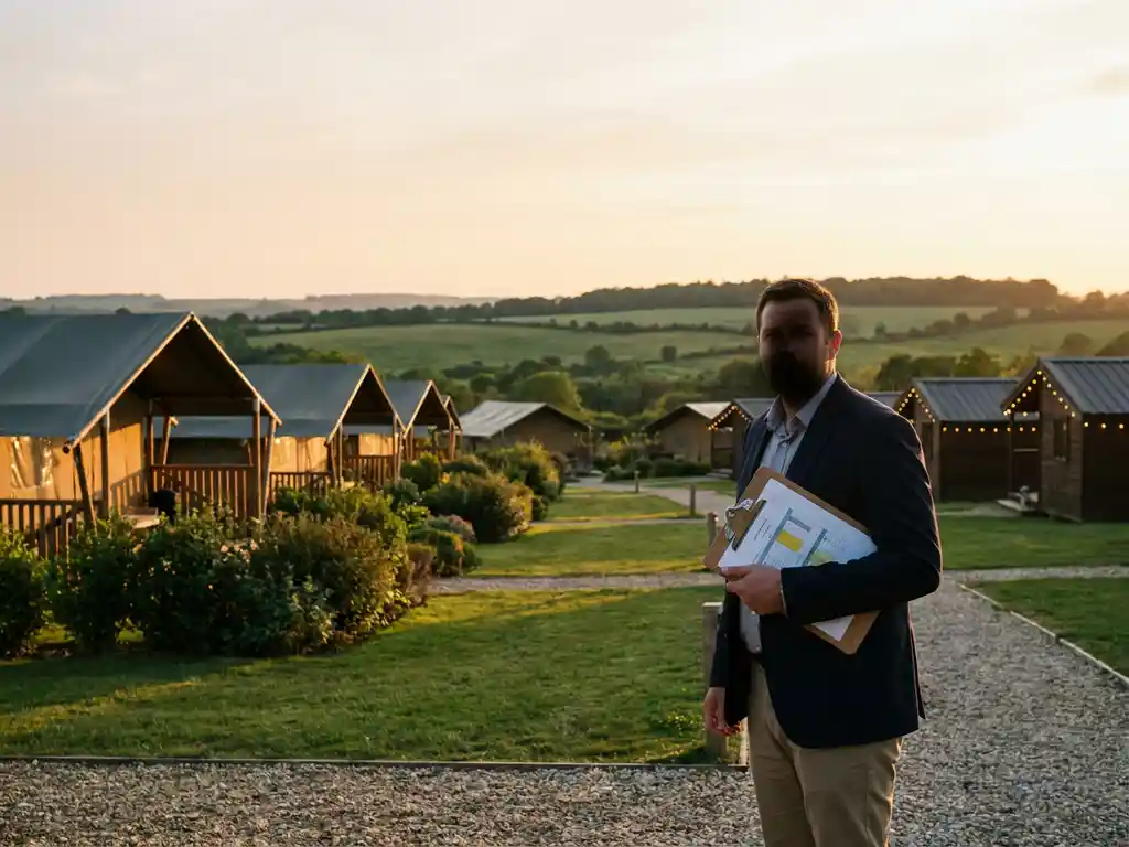 Resortmanager bekijkt bezettingscijfers op klembord bij luxe glamping in Zeeland, premium chalets en groen landschap op achtergrond.