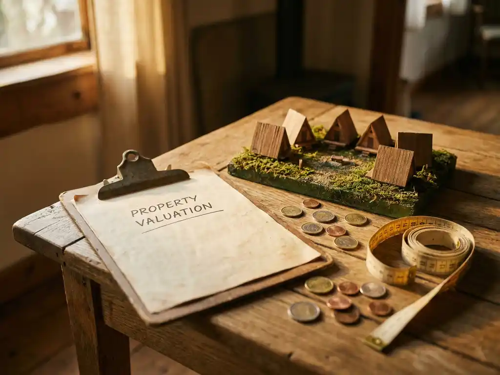 Verouderd houten klembord met vastgoedtaxatiedocument op eiken tafel, omringd door euromunten, meetlint en miniatuur chalet-terreinmodel.