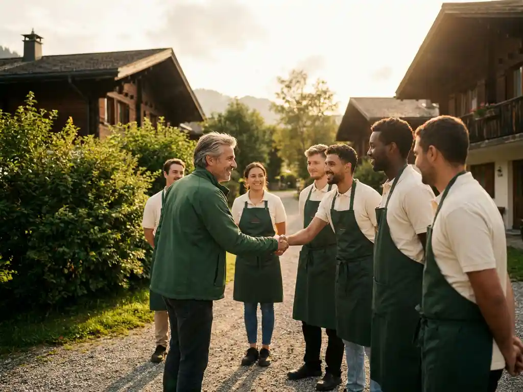 Resortmanager begroet lachende seizoensmedewerkers buiten een Nederlands vakantiepark met houten chalets en weelderig groen.