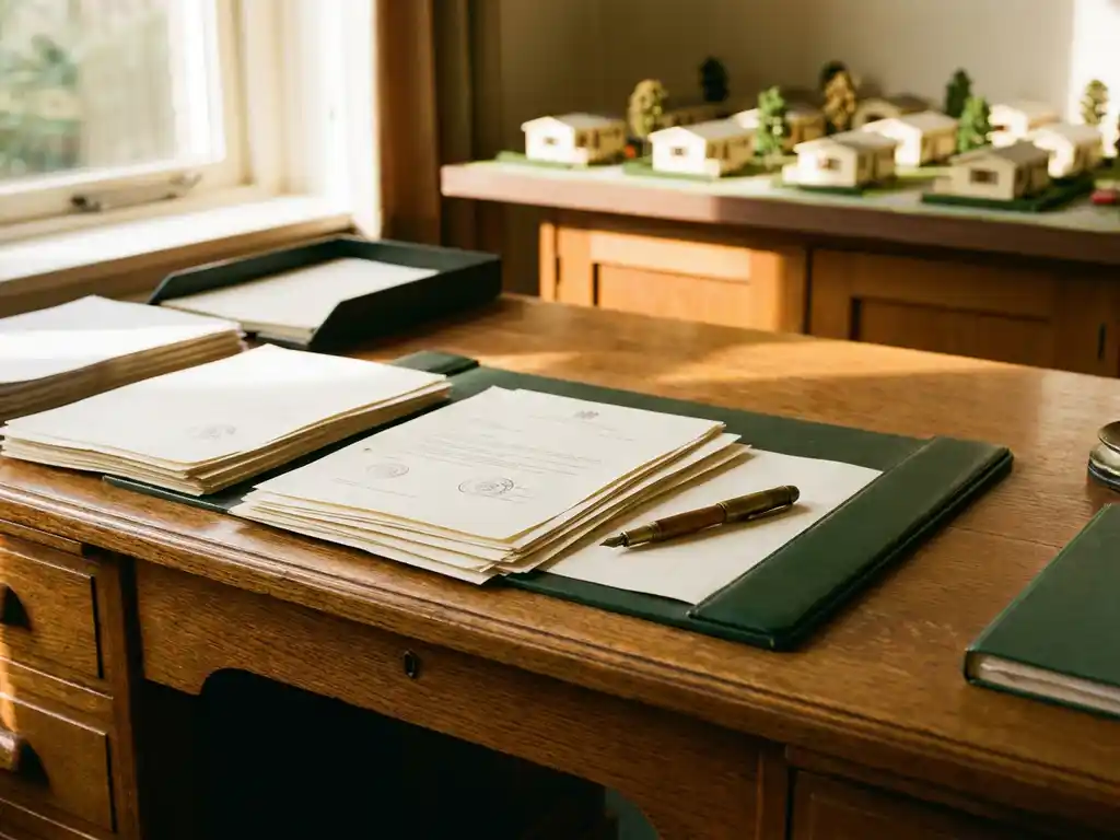 Verweerde houten bureau met officiële subsidiedocumenten en vulpen, miniatuur recreatiepark met chaletjes op de achtergrond, warm middaglicht.