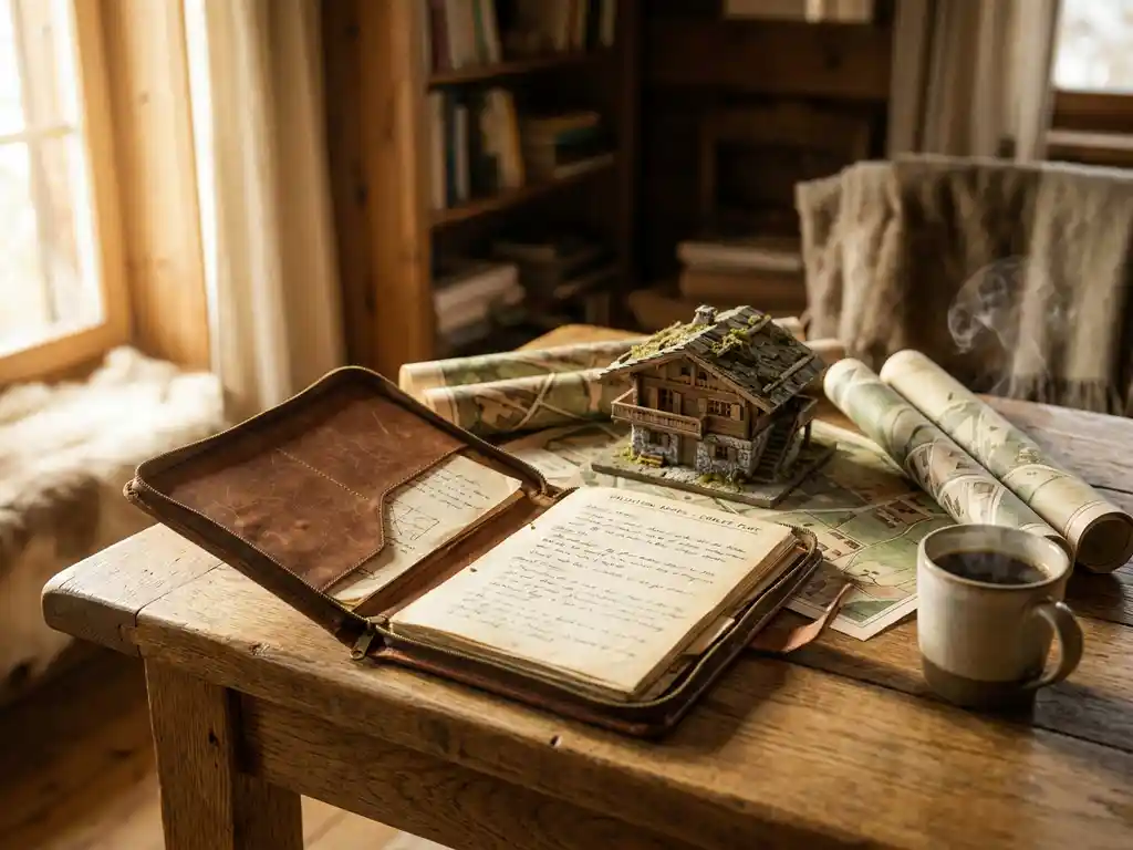 Verweerd leren portfolio met handgeschreven taxatienotities naast een miniatuur chalet, omringd door luchtfoto-kaarten en koffie op rustieke eikentafel.