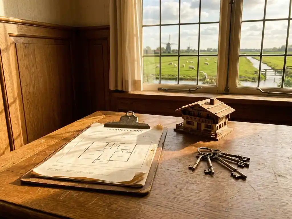 Verouderd houten klembord met taxatiedocument, miniatuur chalet en messing sleutels op eiken tafel, Nederlands landschap op achtergrond.