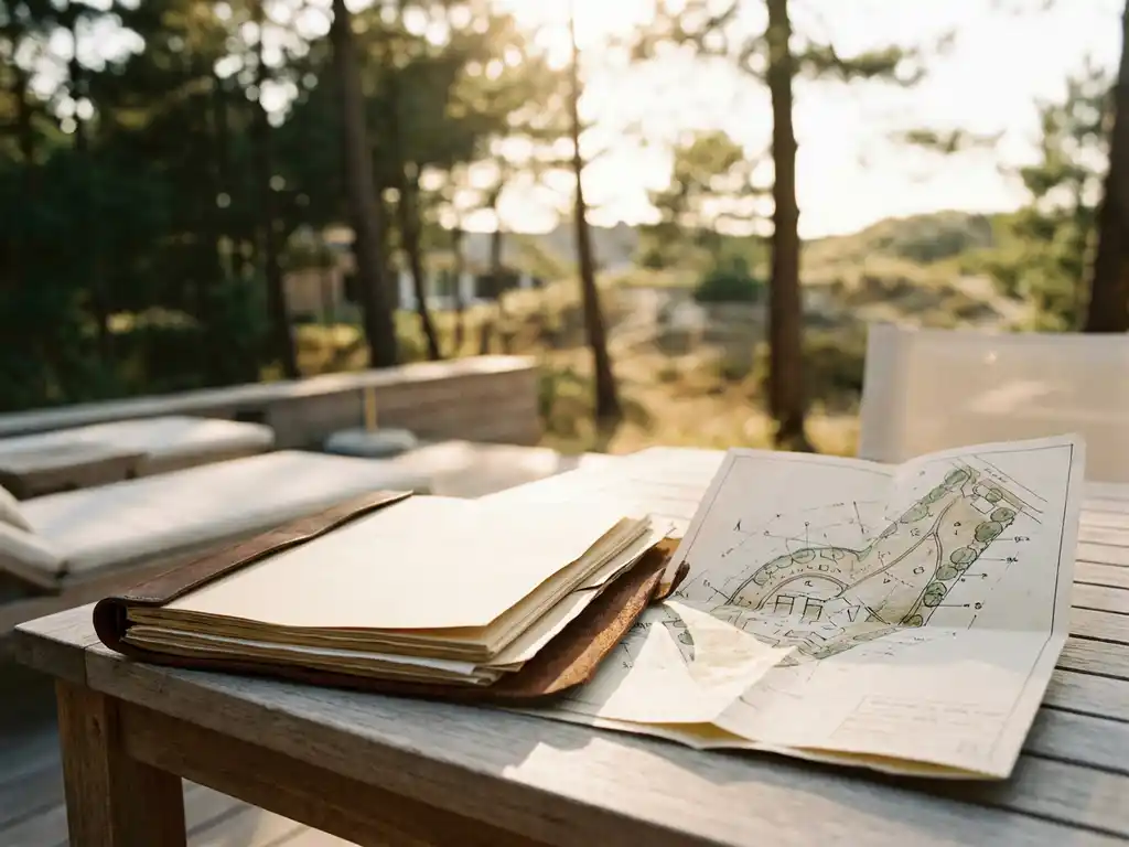 Leren taxatiedossier opengeslagen op een buitentafel bij een luxe Nederlands vakantiepark, met een architectonische situatietekening van recreatiepercelen in warm middaglicht.