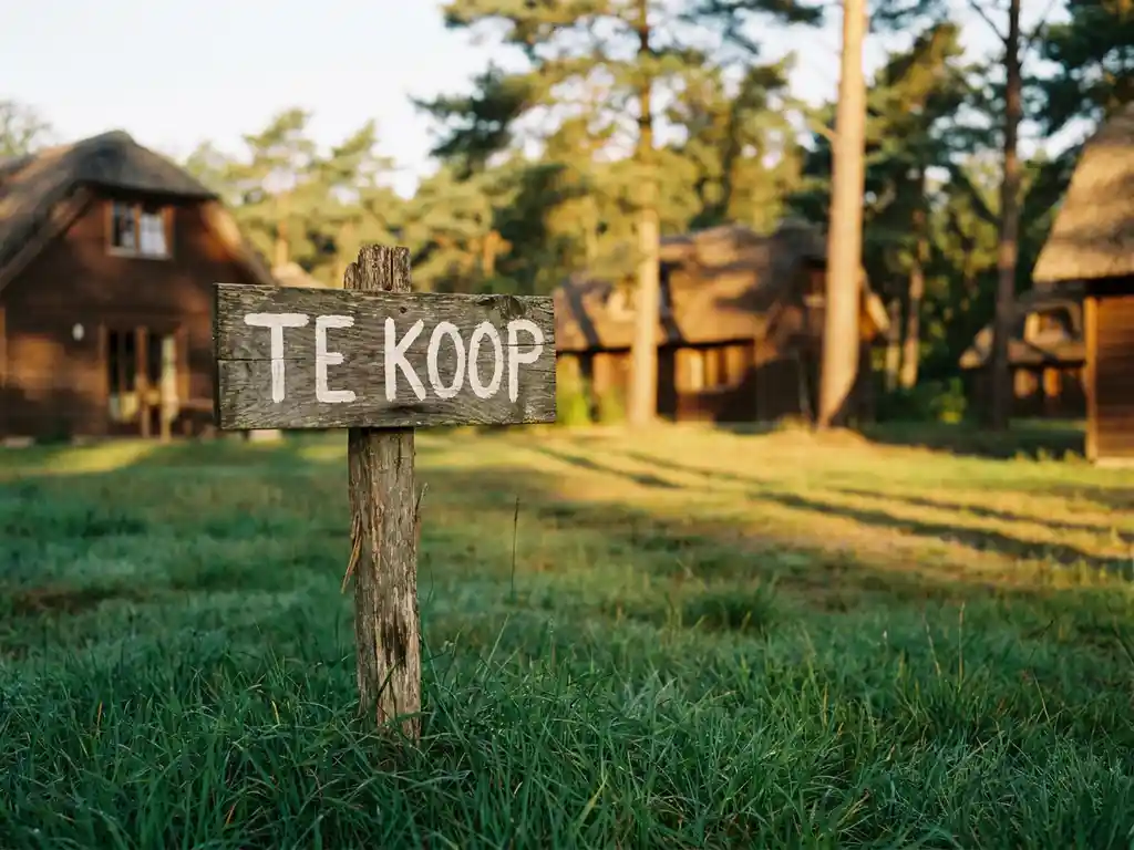Verouderd houten Te Koop-bord in groen gras bij ingang van Nederlands vakantiepark met chalets en dennenbomen op de achtergrond.