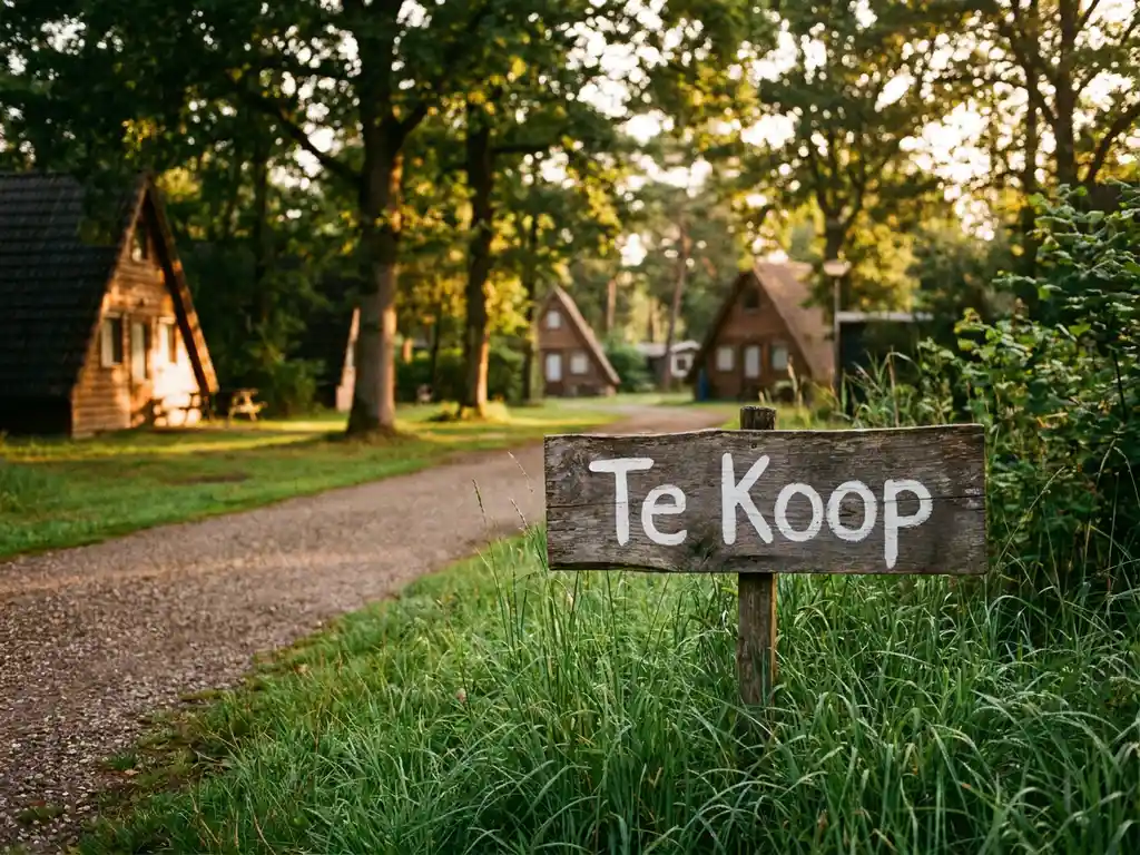 Verouderd houten Te Koop-bord in groen gras bij ingang van Nederlands vakantiepark met chalets en goudkleurig zonlicht.