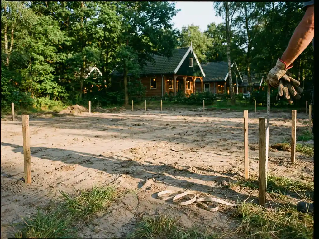 Leeg zandperceel met houten palen en meetlint naast een groen Nederlands vakantiepark met chalets op de achtergrond.