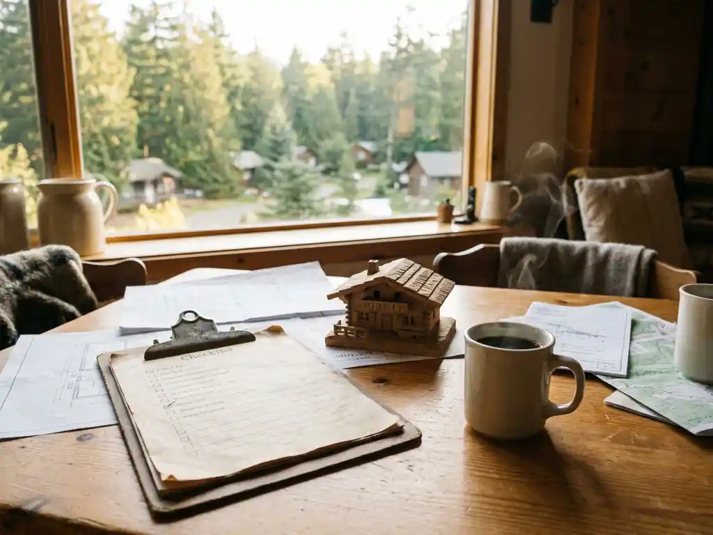 Verouderd houten klembord met checklist op rustieke tafel naast miniatuur chalet, omringd door vastgoeddocumenten en dampende koffie.