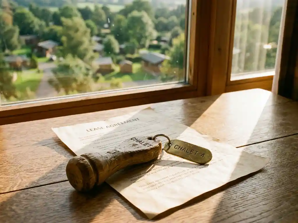 Verouderde houten chaleausleutel met messing label op gevouwen huurcontract, vakantiepark zichtbaar door zonnig raam op de achtergrond.