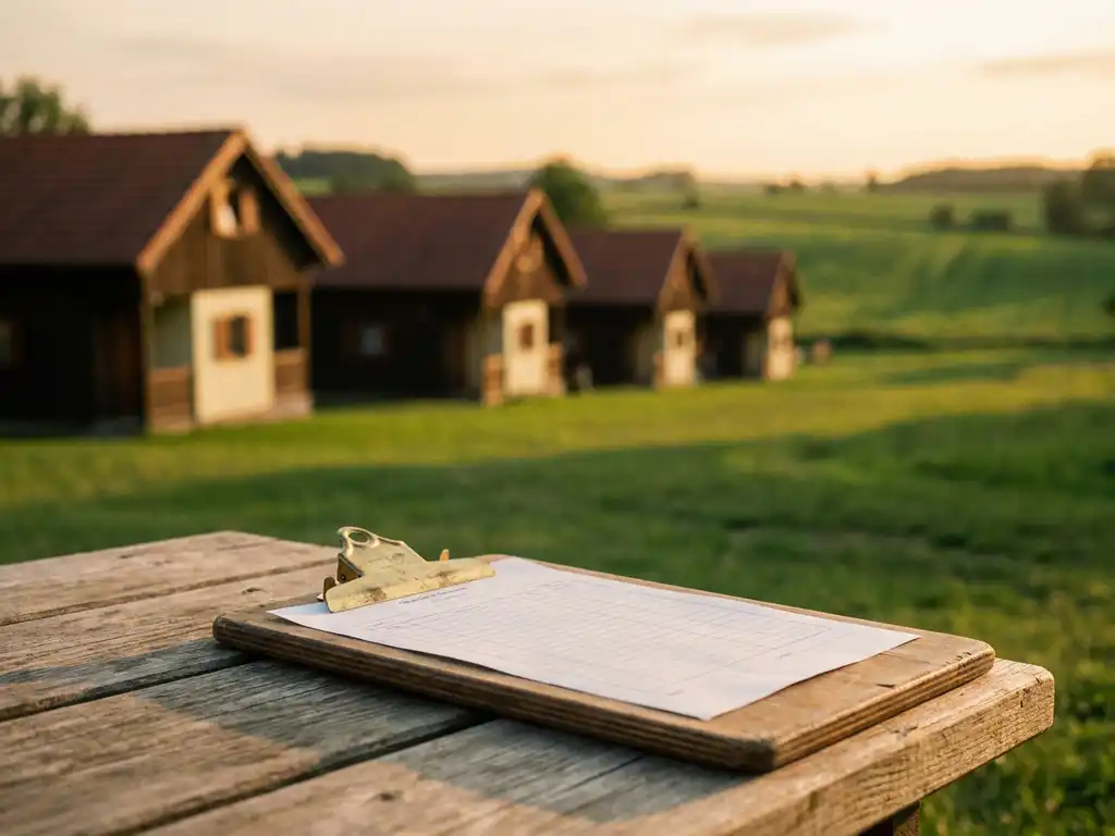 Verouderd houten klembord op rustieke tafel bij luxe Nederlands vakantiepark met recreatiechalets en groene weiden op de achtergrond.