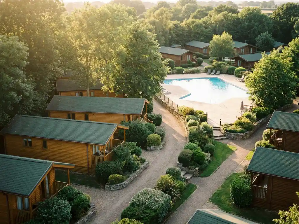 Luchtfoto van een vakantiepark met houten lodges tussen groene bomen, een zwembad en verzorgde paden in warm zonlicht.
