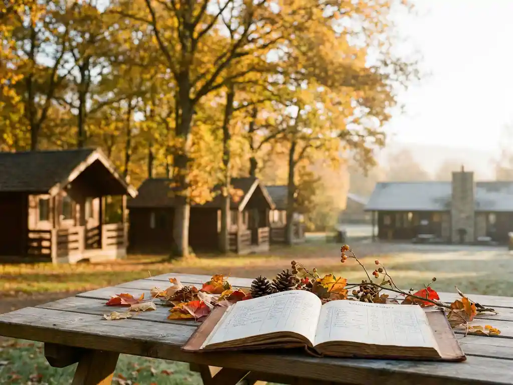 Houten chalets in een zonnig vakantiepark tussen herfstbomen, met een waarderingsboek en seizoensbladeren op een rustieke tafel op de voorgrond.