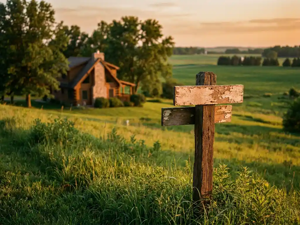Verouderd houten wegwijzer bij een groen recreatieperceel in het Nederlandse boerenland, met een vakantiechaletje op de achtergrond in warm avondlicht.