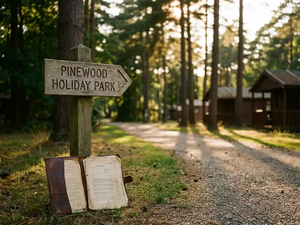 Verouderd houten wegwijzer bij de ingang van een vakantiepark, omgeven door dennenbomen, grindpad en lederen documentenmap in gouden avondlicht.