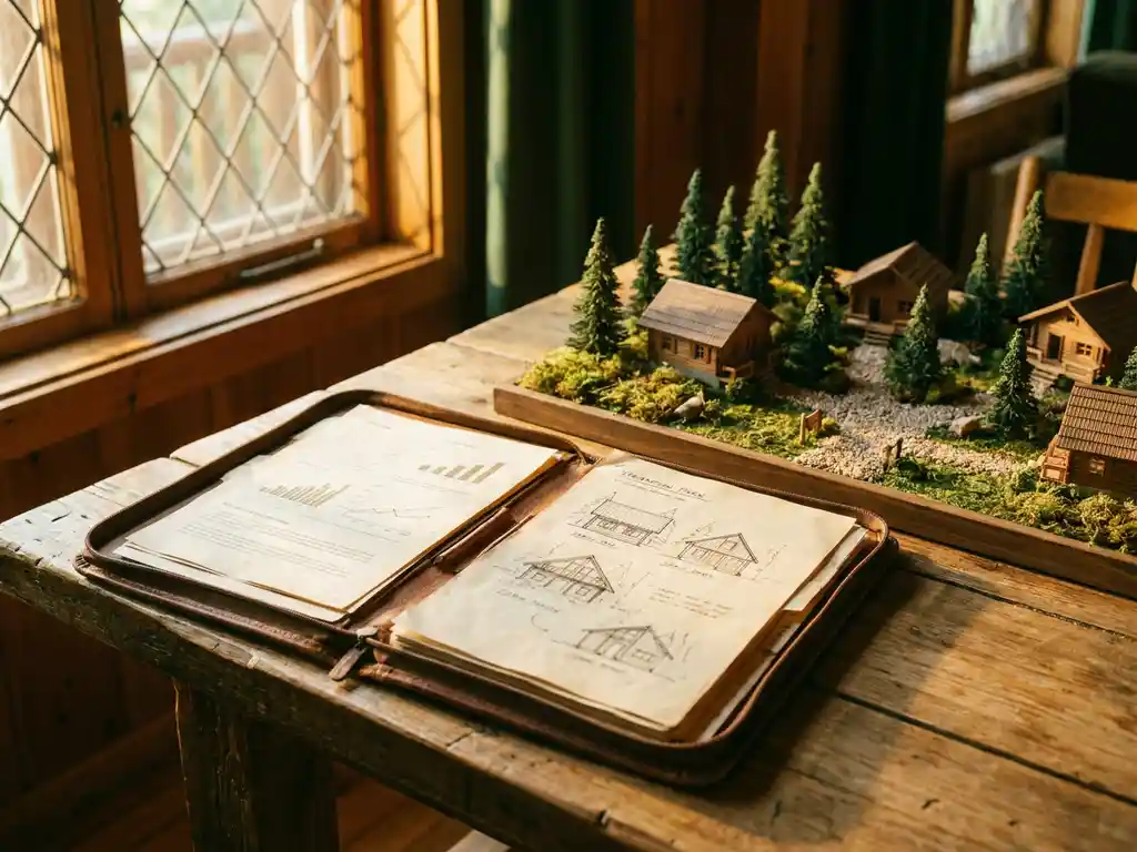 Opengeslagen leren financiële portfolio naast miniatuur vakantiepark met chalets en pijnbomen op rustiek houten tafel, warm middaglicht.