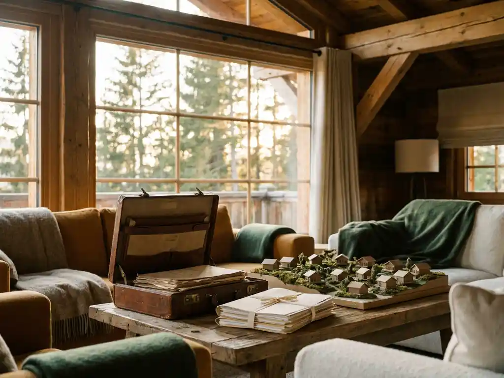 Verweerde leren aktetas op rustieke houten tafel in luxe chalet, naast juridische documenten en een schaalmodel van een vakantiepark, dennenbomen op achtergrond.