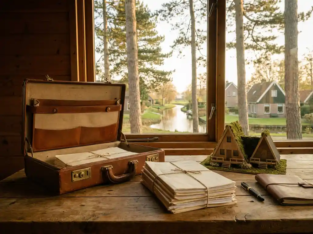 Verweerde leren aktetas met juridische documenten, architectuurmodel van vakantiehuisjes en vulpen op rustieke houten tafel in een vakantiepark.