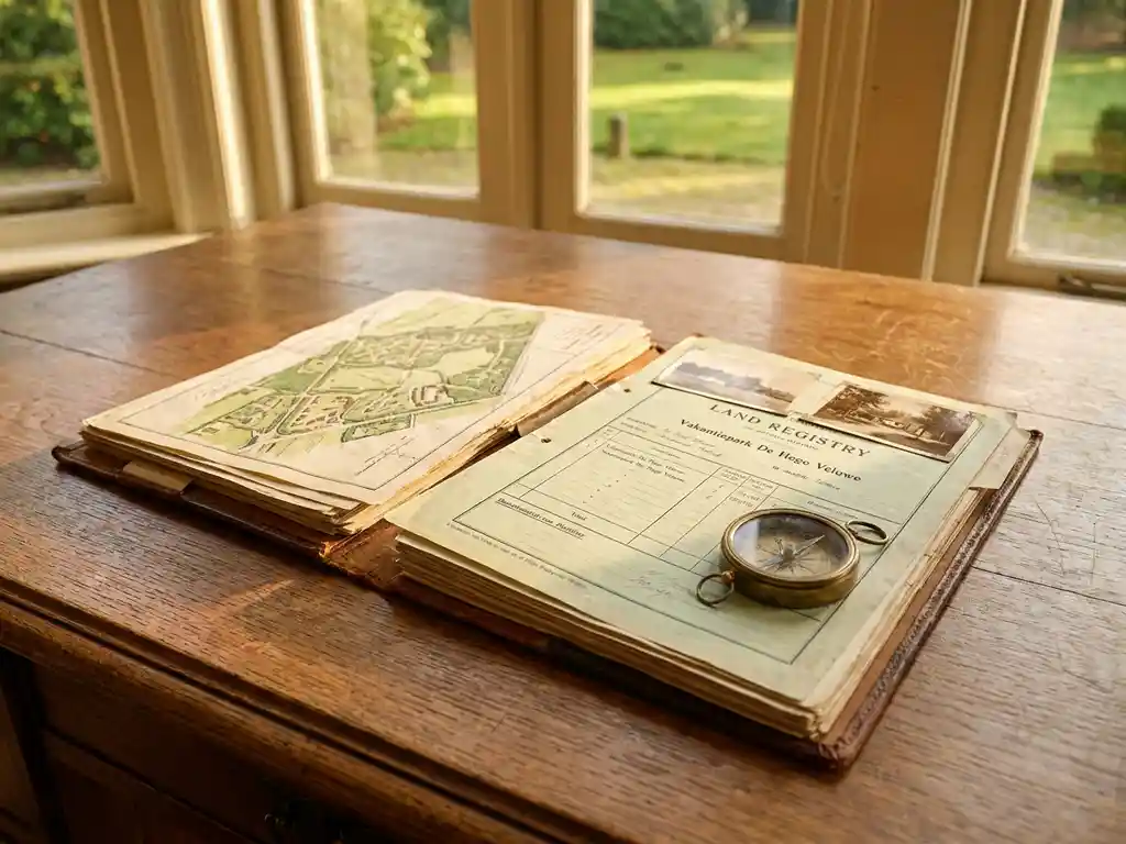 Opengeslagen leren dossier met luchtfoto's en kadasterdocumenten van een Nederlands vakantiepark, met vintage messing kompas op een eikenhouten bureau.
