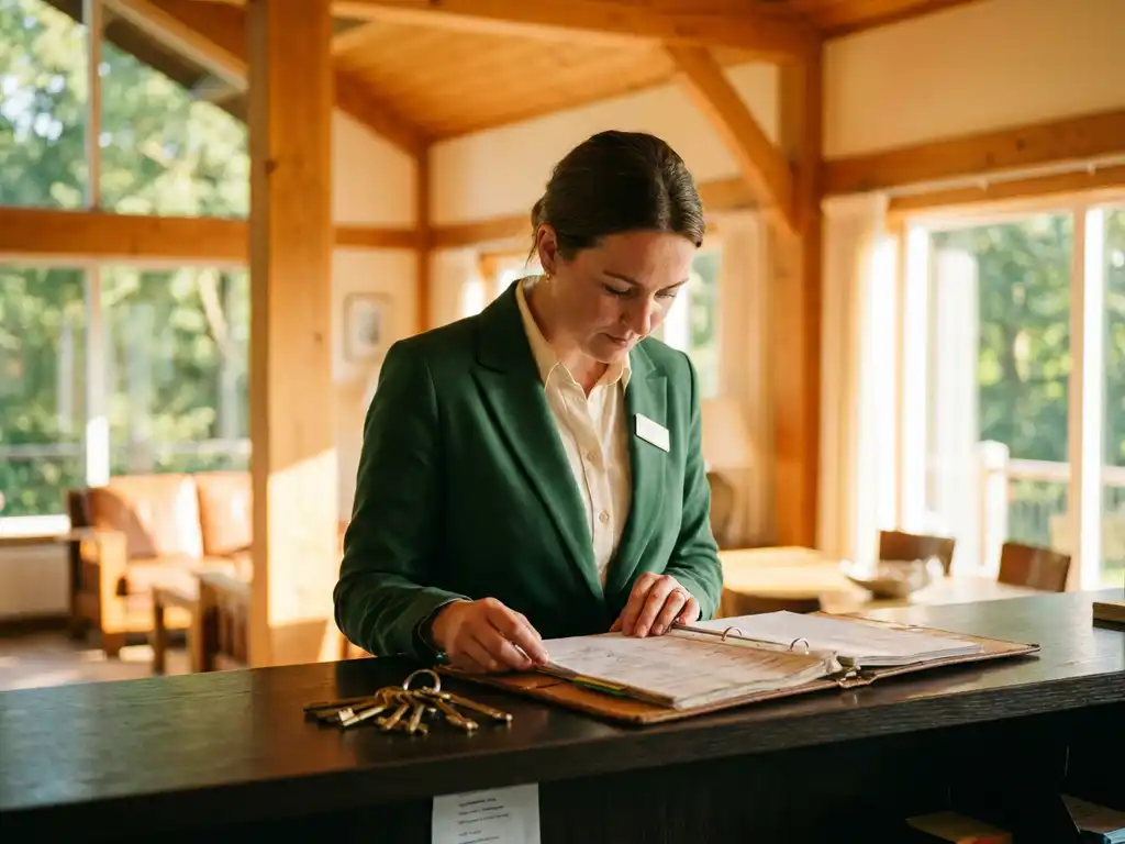 Resortmanager in blazer bekijkt operationeel ringband aan houten receptiebalie in Nederlands vakantiepark, sleutels en gouden ochtendlicht zichtbaar.