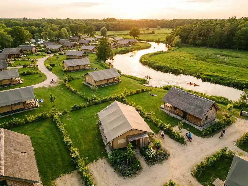 Luchtfoto van een Nederlands vakantiepark met luxe glamping lodges, groene weilanden en een glinsterende rivier in middagzon.