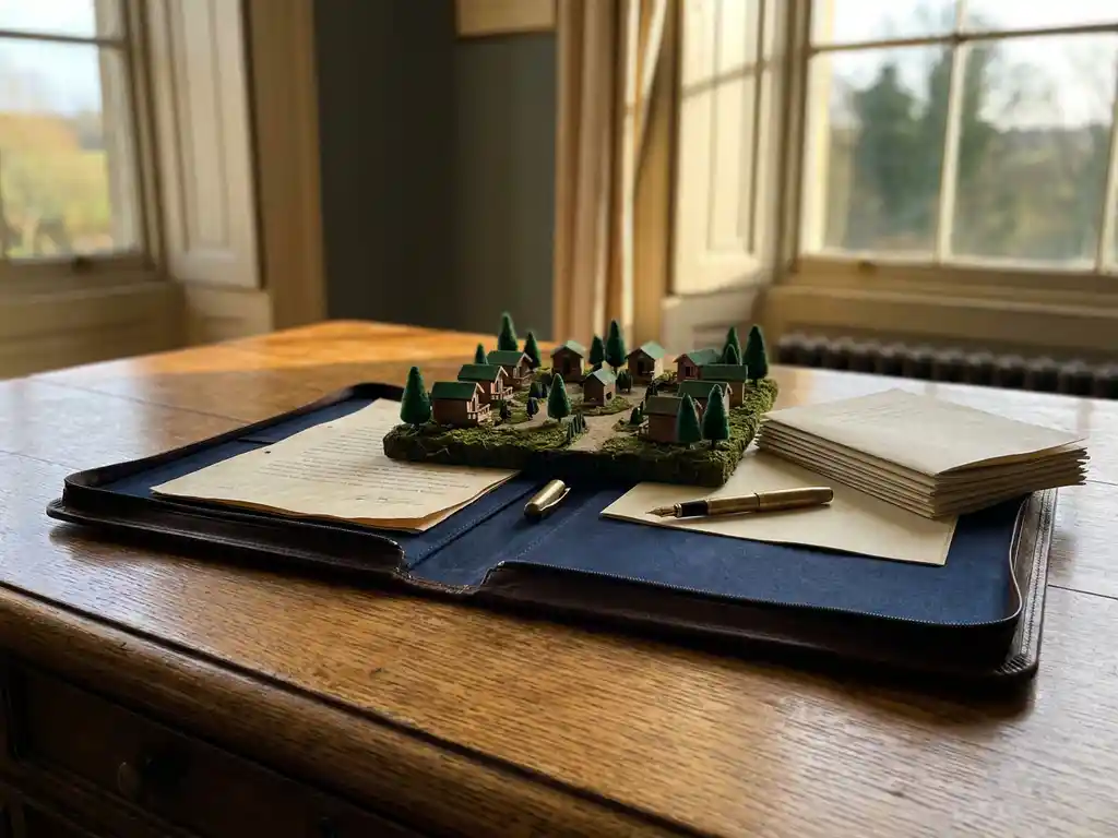 Opengevouwen leren juridische map op eikenhouten bureau met schaalmodel van vakantiepark, chalets en bomen, vulpen en zakelijke documenten.