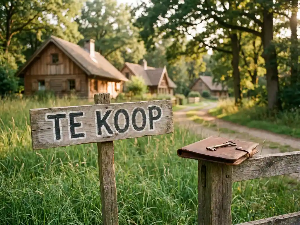Verouderd houten Te Koop-bord in groen gras bij ingang van Nederlands vakantiepark met houten chalets op achtergrond.