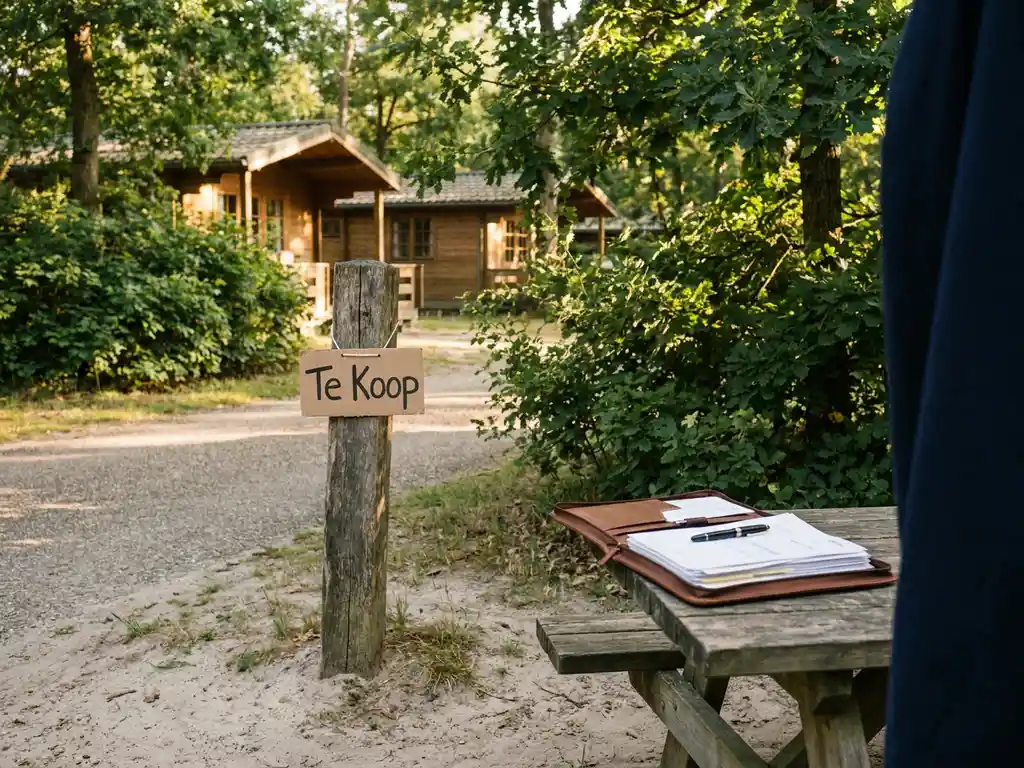 Verweringshouten verkoopbord met "Te Koop"-tag bij ingang van Nederlands vakantiepark, houten chalets en groen op de achtergrond.