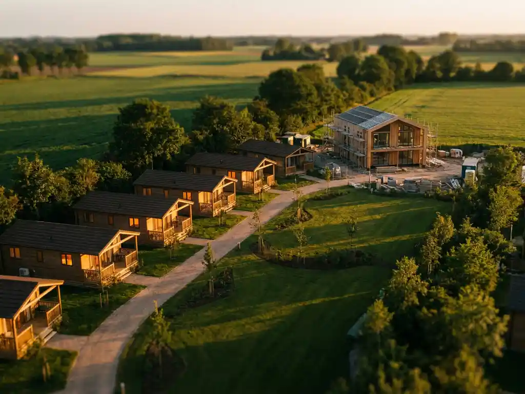 Luchtfoto van vakantiepark in Zeeland met houten chalets en nieuwbouw lodge in aanbouw, gouden-uursbelichting over verzorgd groen terrein.